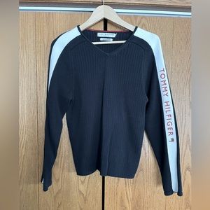 Vintage Tommy Hilfiger V neck sweater w/Tommy down the sleeve. Black /white/red